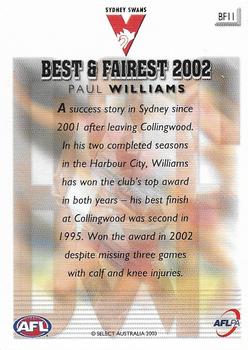 2003 Select XL Ultra AFL - Club Best & Fairest 2002 #BF11 Paul Williams Back